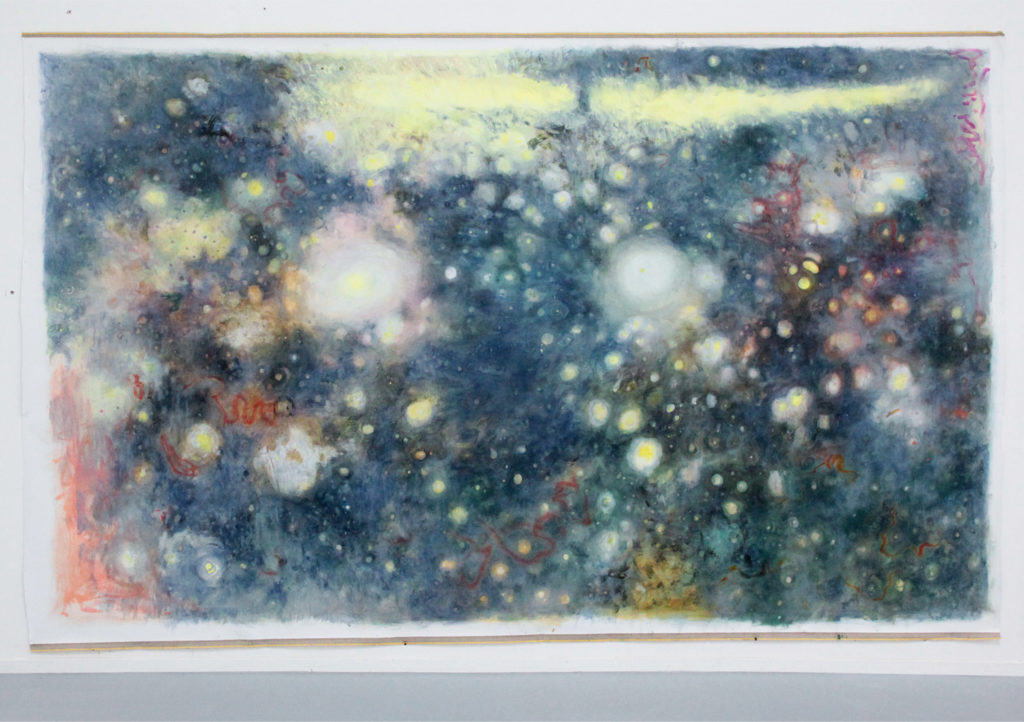 Nuit noire, huile sur toile (350 x 220 cm, 270 x 220 cm, 206 x 220 et un diptyque de 2 x 107 x 170 cm), 2025. Représentation quasi-abstraites de ciels nocturne. Résidence à Rurart, Centre d'art, Lusignan, en compagnie de Benoît Blanchard