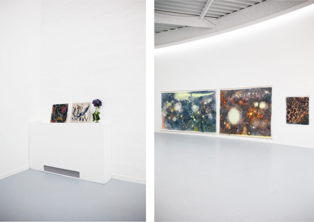 Nuit noire, huile sur toile (350 x 220 cm, 270 x 220 cm, 206 x 220 et un diptyque de 2 x 107 x 170 cm), 2025. Représentation quasi-abstraites de ciels nocturne. Résidence à Rurart, Centre d'art, Lusignan, en compagnie de Benoît Blanchard